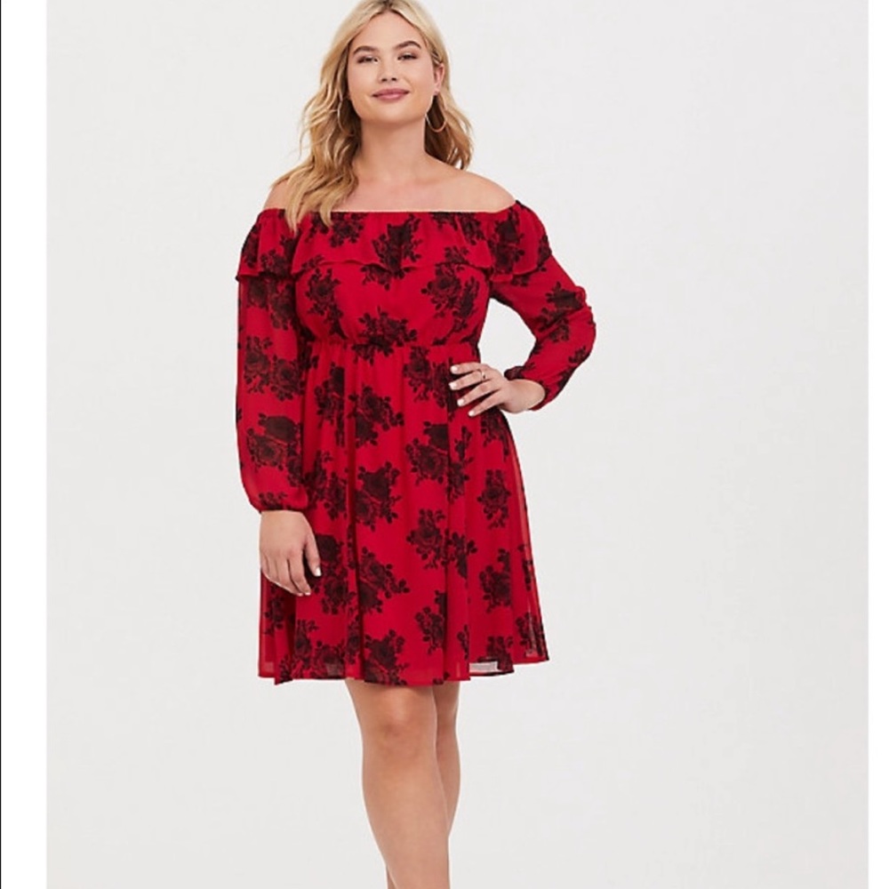 Red floral chiffon skater dress